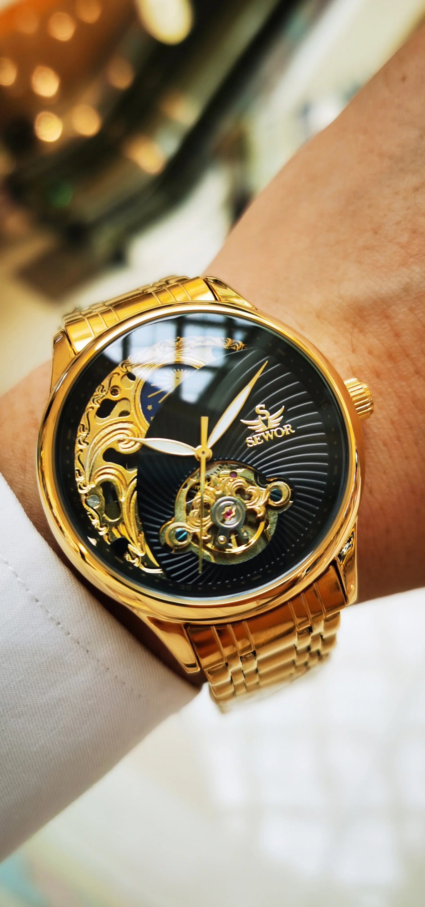 AOKULASIC Gold Skeleton Mens Watch Retro Moon Phase Tourbillon Automatic Mechanical Watches Luxury Stainless Steel Band Luminous