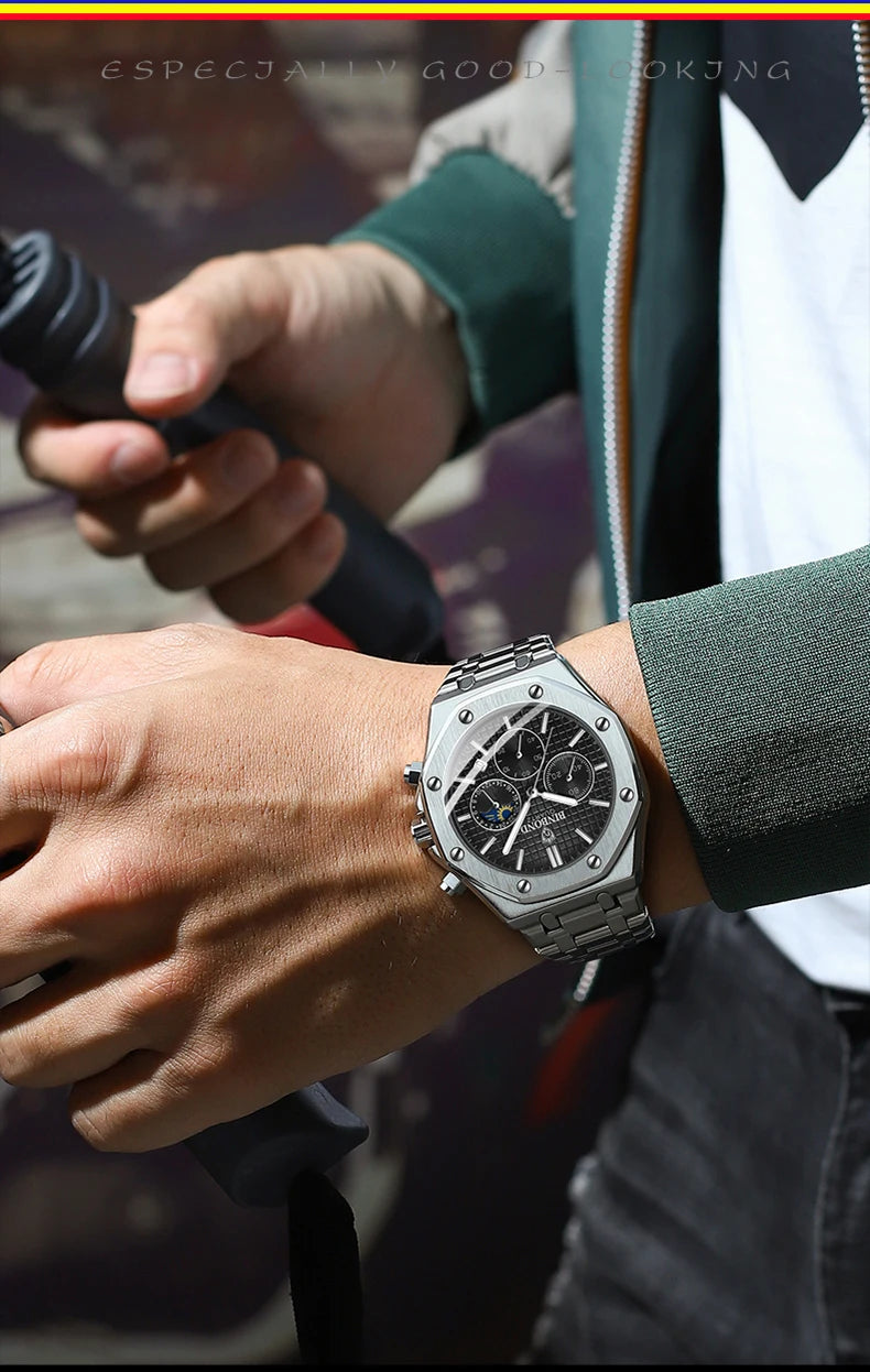 BINBONG B0161 Top Brand Man Business Quartz Watch Chronograph Wristwatch Stainless Steel Strap 30M Waterproof Luxury Men Watch