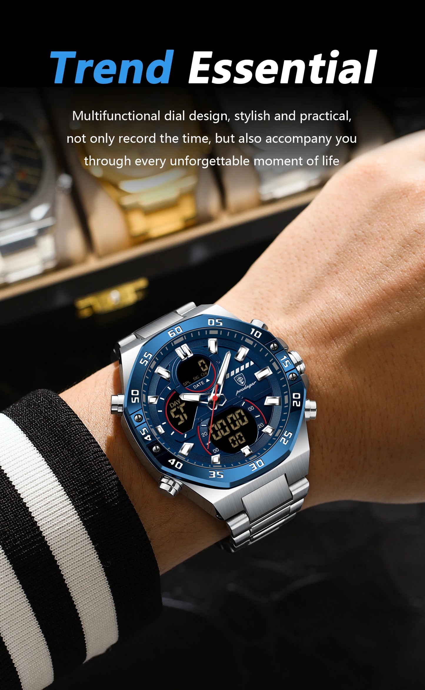 POEDAGAR Original Sports Men Wristwatch Week Date Waterproof LED Quartz Man Watch Stainless Steel Military Digital Men's Watches