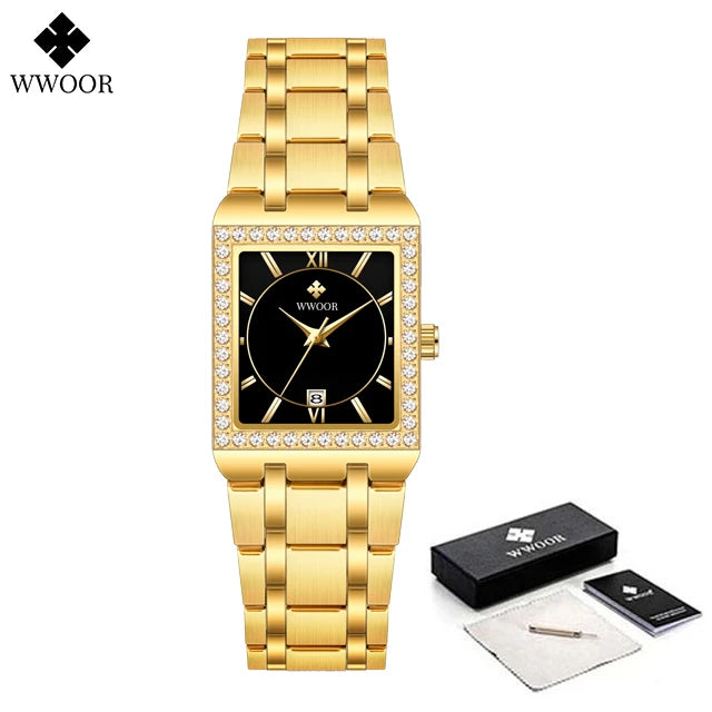 WWOOR Reloj New Fashion Ladies Diamond Watch Top Brand Luxury Square Wrist Watch Simple Women Dress Small Watch Relogio Feminino