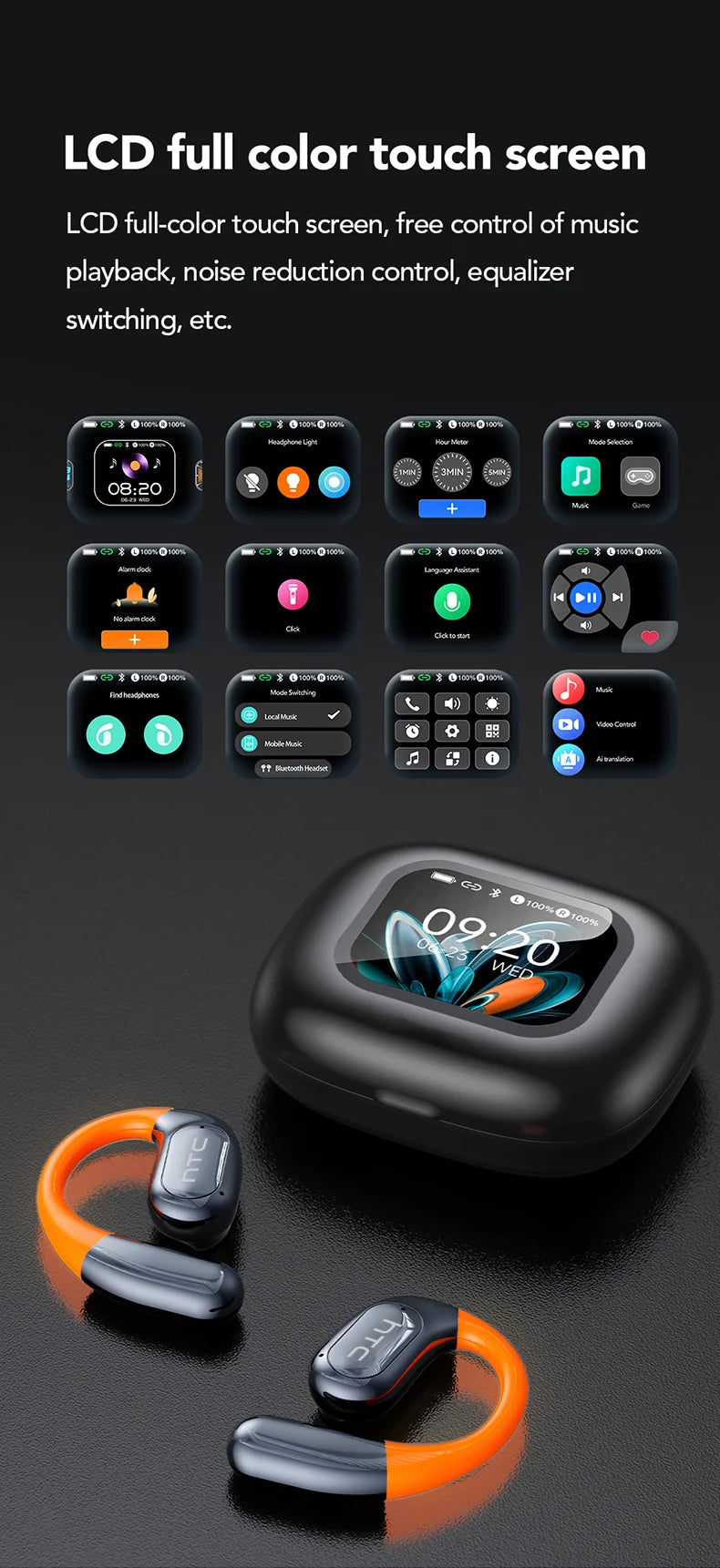 【HTC NE27】 Bluetooth Earphones AI OWS Sports Headphones LCD Screen Wireless Headphones Glowing Earhook Translator Earbuds