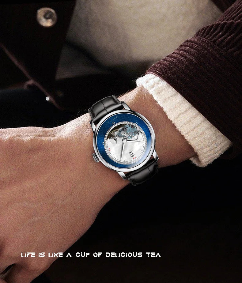 PONIGER Luxury Men's Watch Japanese Automatic Movement Landscape Painting Design Stainless Steel Waterproof Multifunction Clock