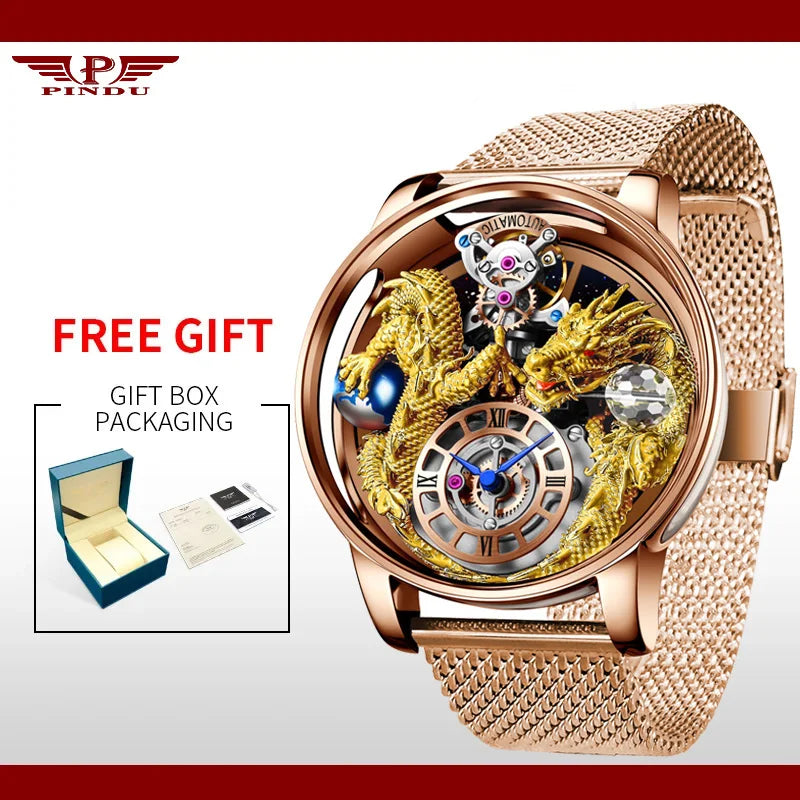 PINDU New Watchmakings House of Dragons Astronomia Art 3D Gold Dragon Astronomia Quartz Watch Men Astronomia Solar Montre Homme