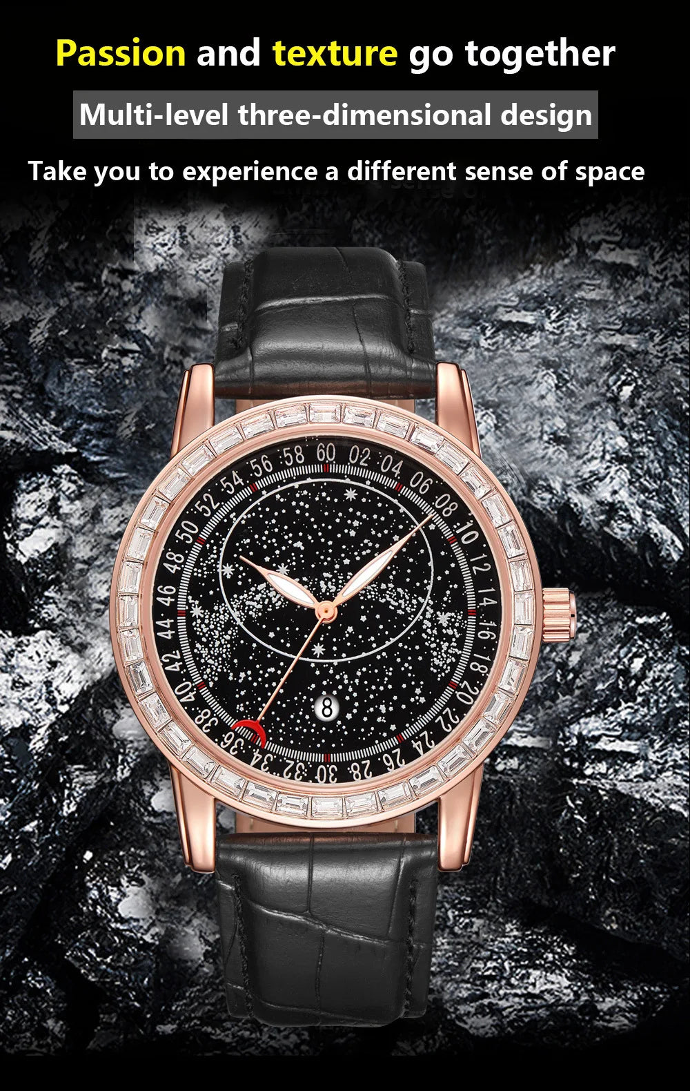 Casuals Man Watch Black Leather Strap Fashion Quartz Wristwatch Waterproof Luminous Starry Sky Dial Moon Pointer Reloj Hombre