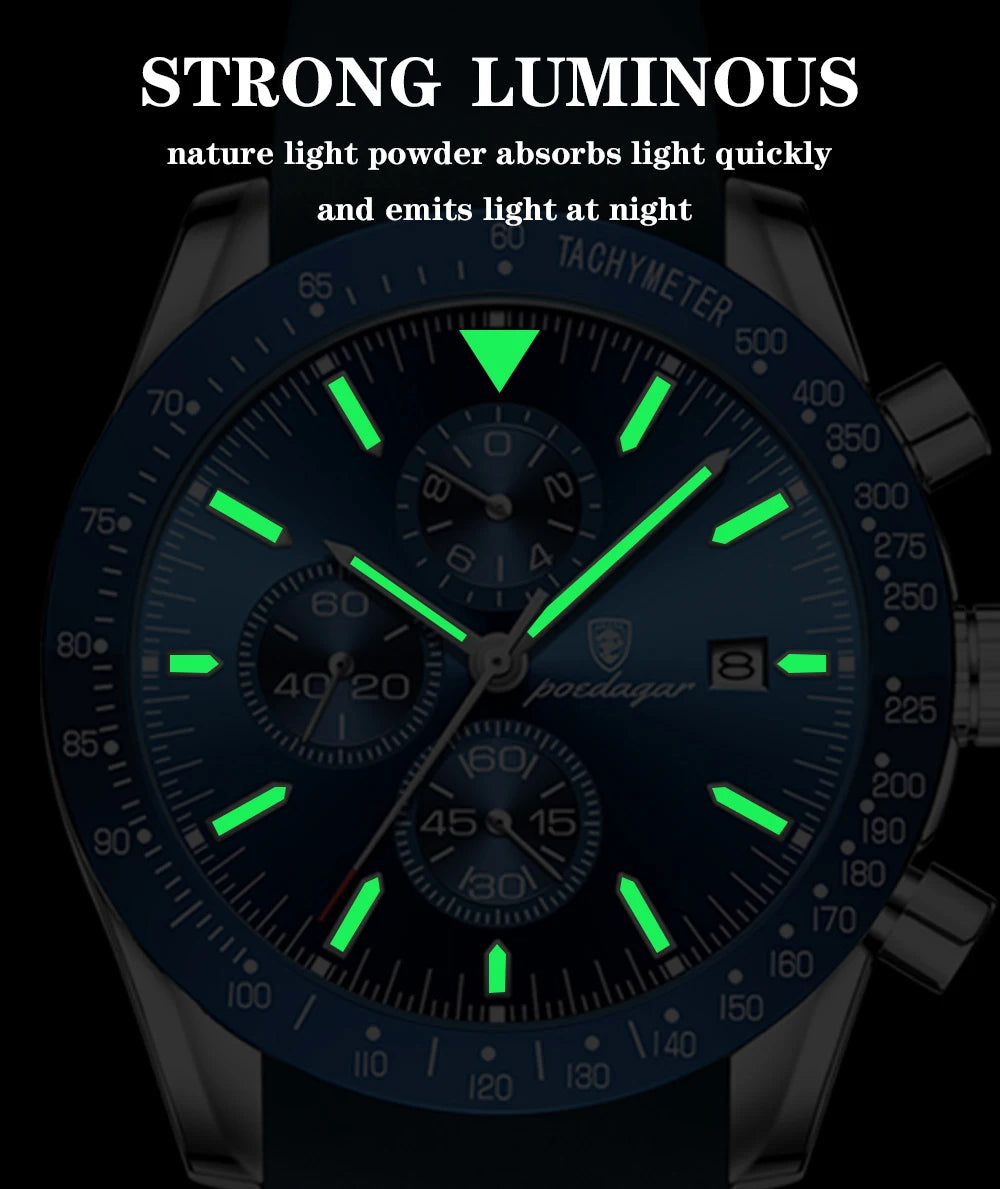 POEDAGAR Top Brand Men Watch Waterproof Luminous Date Chronograph Men's Quartz Wristwatch High Quality Sport Leather Man Watches