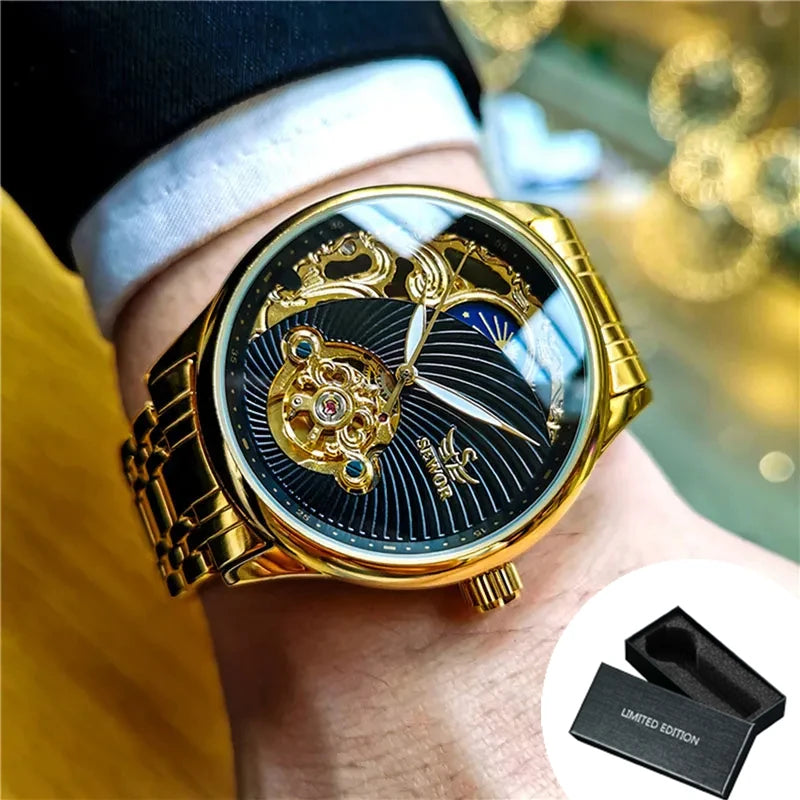 AOKULASIC Gold Skeleton Mens Watch Retro Moon Phase Tourbillon Automatic Mechanical Watches Luxury Stainless Steel Band Luminous