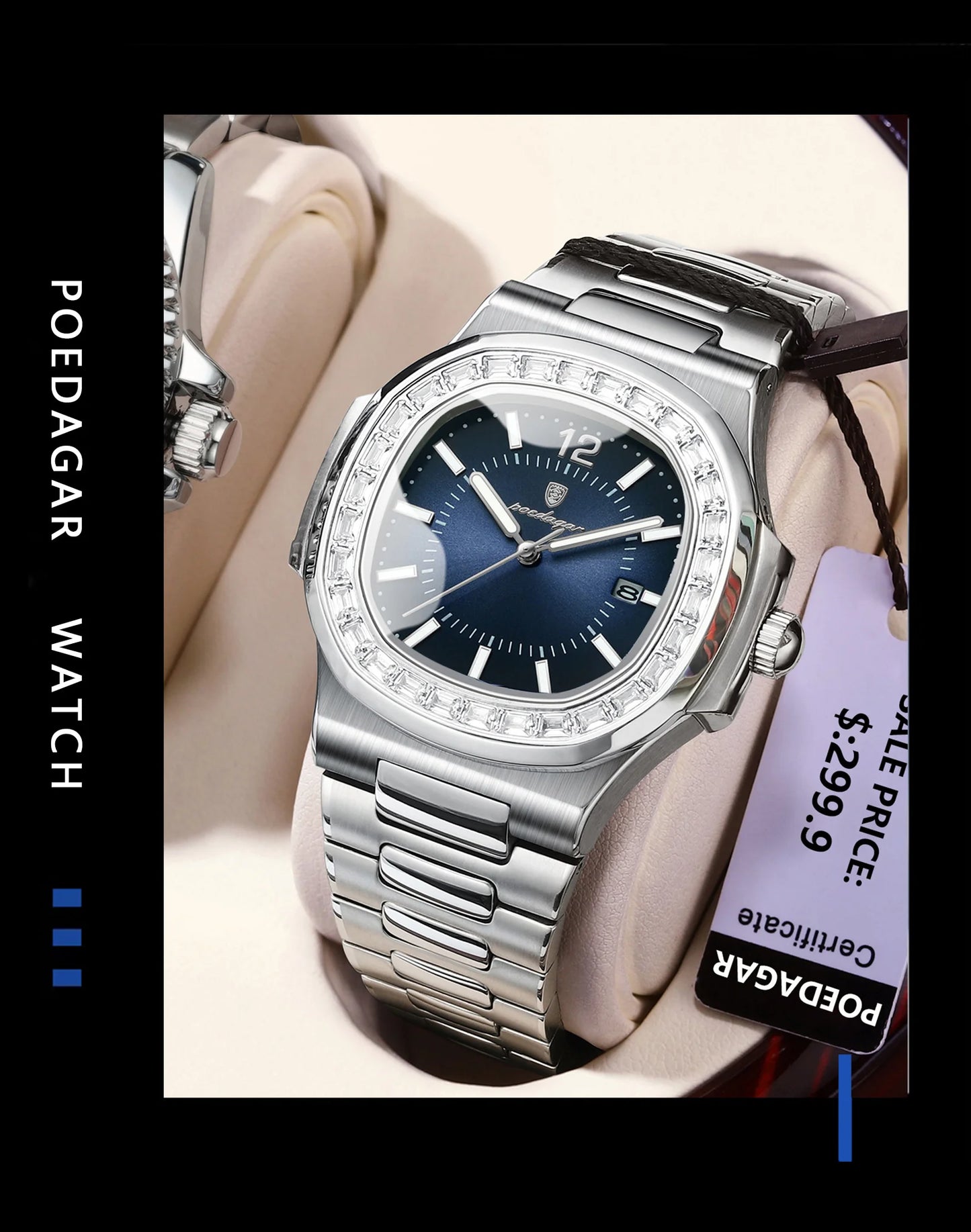 POEDAGAR Luxury Square Man Quartz Watch Waterproof Luminous Date Men's Watch High Quality Stainless Steel Business Men Watches