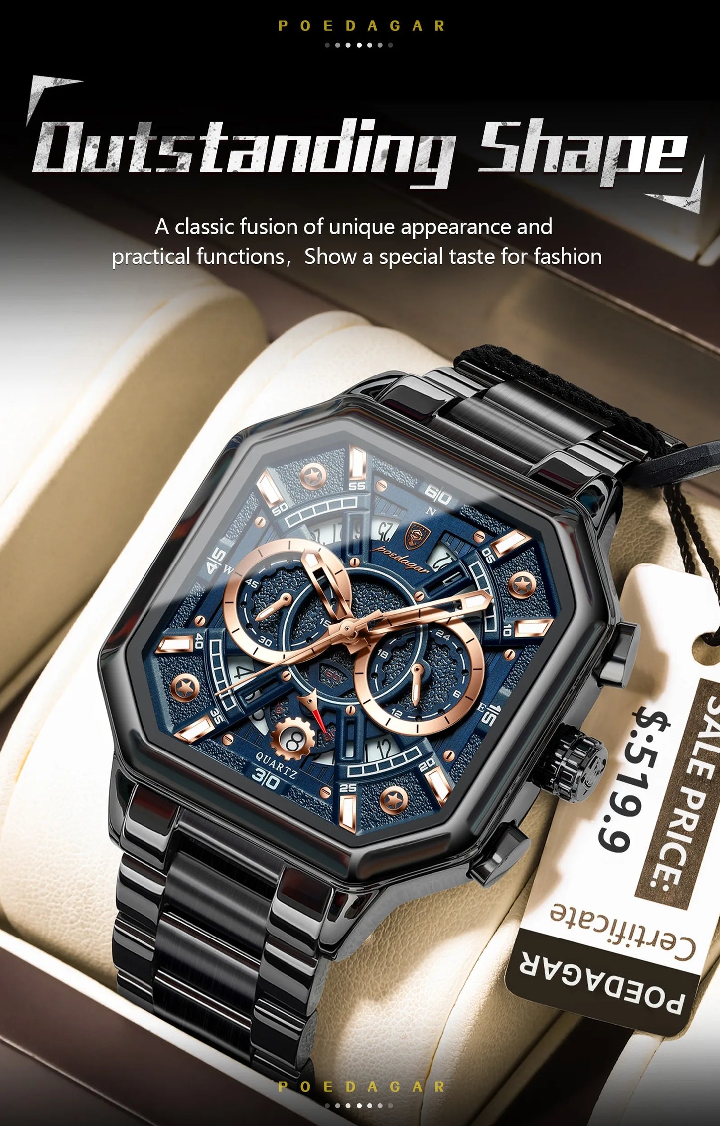 POEDAGAR Luxury Men's Quartz Clock Waterproof Luminous Chronograph Date Man Watch Stainless Steel Fashion Sports Watches For Men