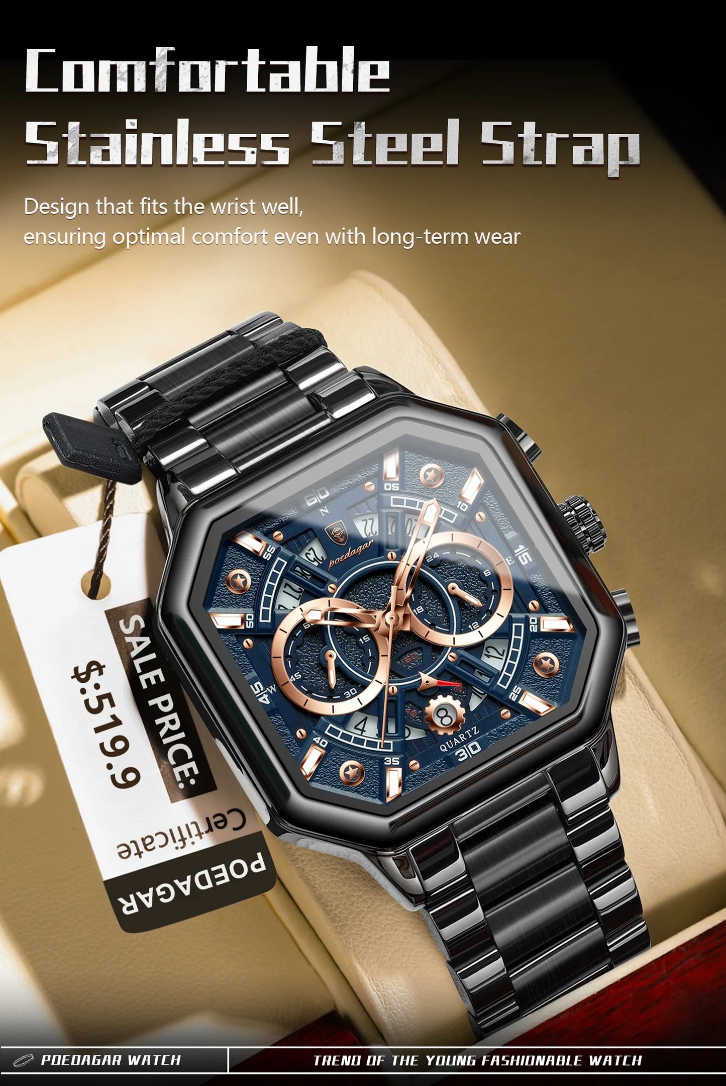 POEDAGAR Luxury Men's Quartz Clock Waterproof Luminous Chronograph Date Man Watch Stainless Steel Fashion Sports Watches For Men