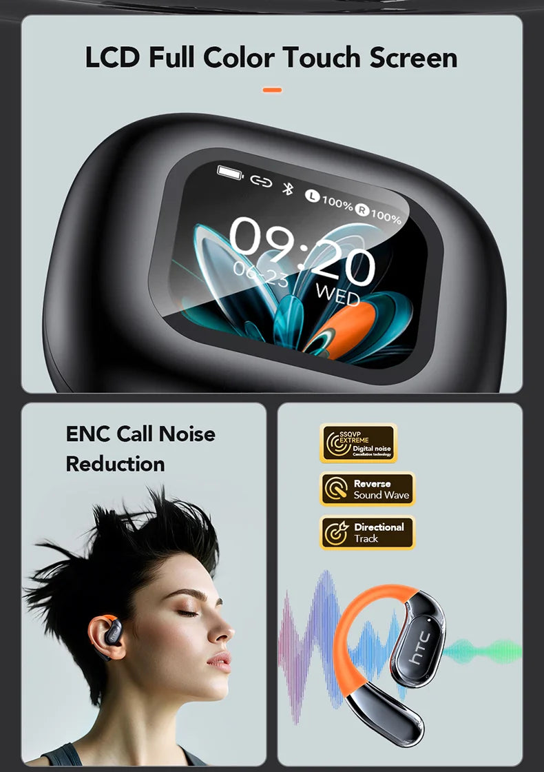【HTC NE27】 Bluetooth Earphones AI OWS Sports Headphones LCD Screen Wireless Headphones Glowing Earhook Translator Earbuds